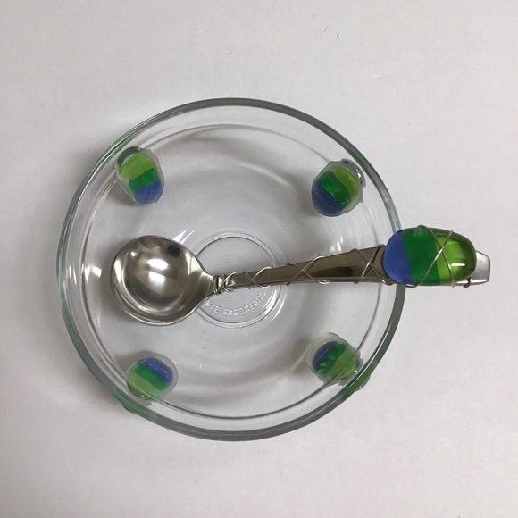 Art Glass Condiment Dish Blue Green Pebble Wire Wrapped Spoon Sea KIG Indonesia - Picture 9 of 12